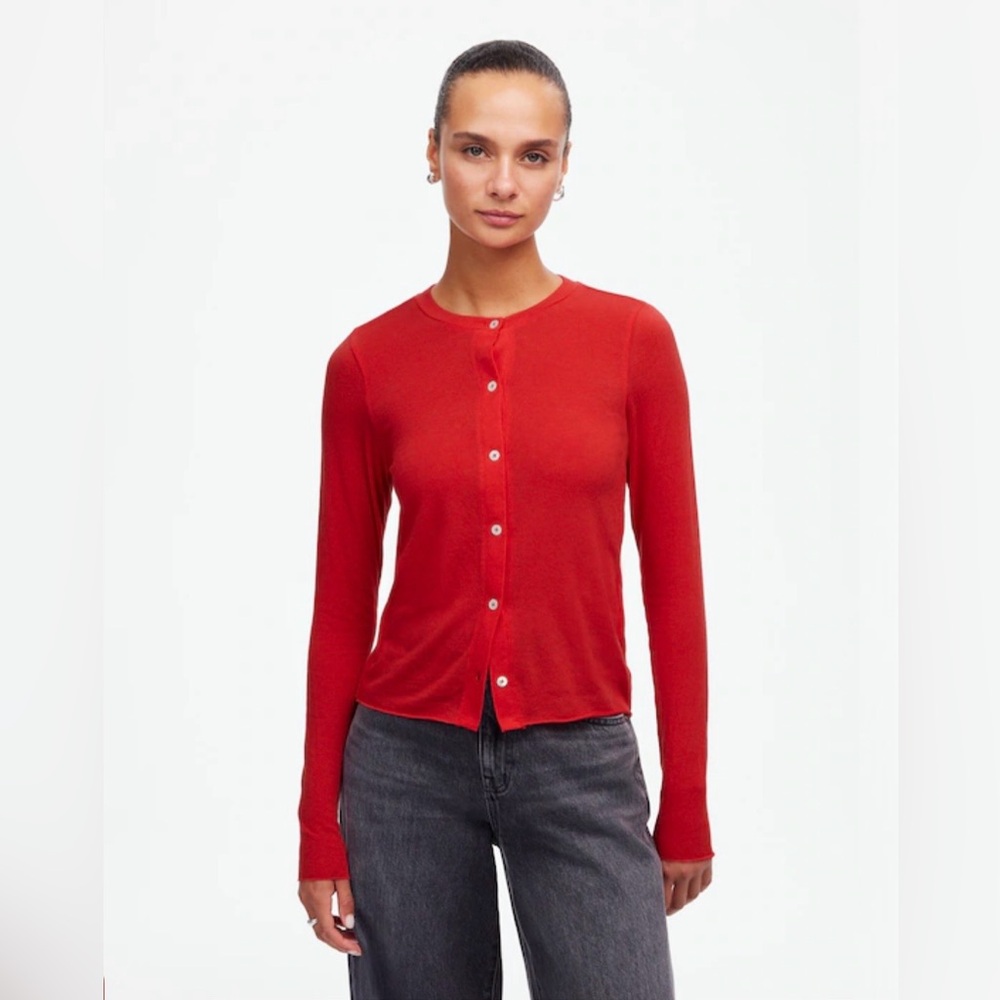 Madewell Wool-Blend Crewneck Cardigan Red Size M NWT